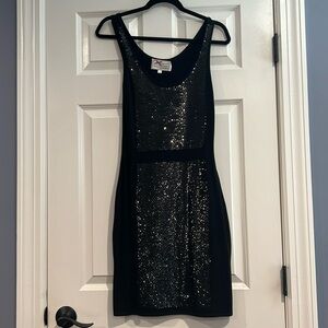 Sequin Fitted black Knit Dress, Body con style with sequin front panels
